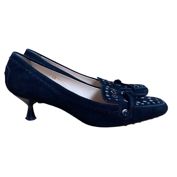 TOD’s Billie Studs & Lace Black Suede Kitten Heel Loafers - Picture 10 of 12
